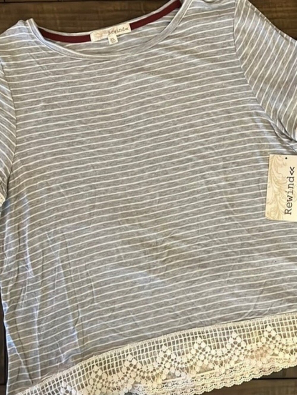 NWT Rewind‎ Womens Top, Gray & White Horizontally Strip With Lace, Size XL - Picture 2 of 6